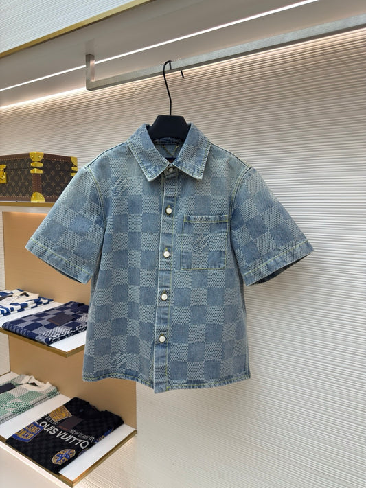 LV Damier 3D Light Denim Short-Sleeved Shirt