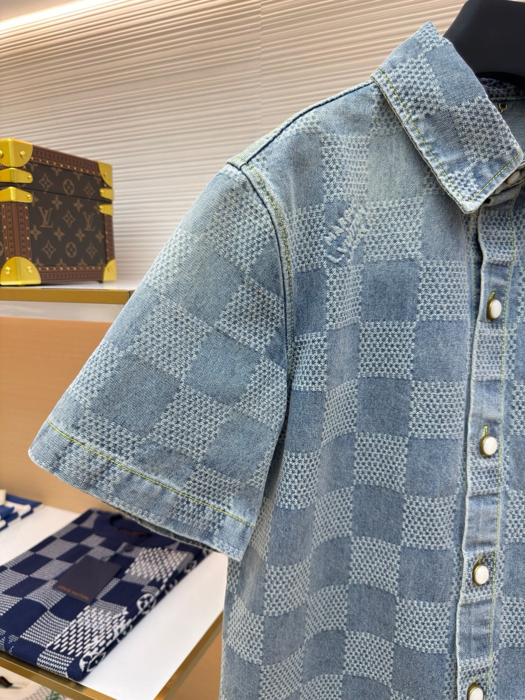 LV Damier 3D Light Denim Short-Sleeved Shirt
