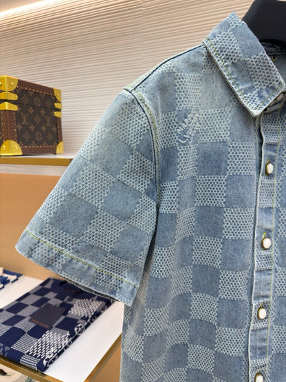 LV Damier 3D Light Denim Short-Sleeved Shirt