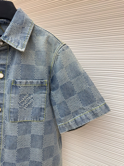 LV Damier 3D Light Denim Short-Sleeved Shirt