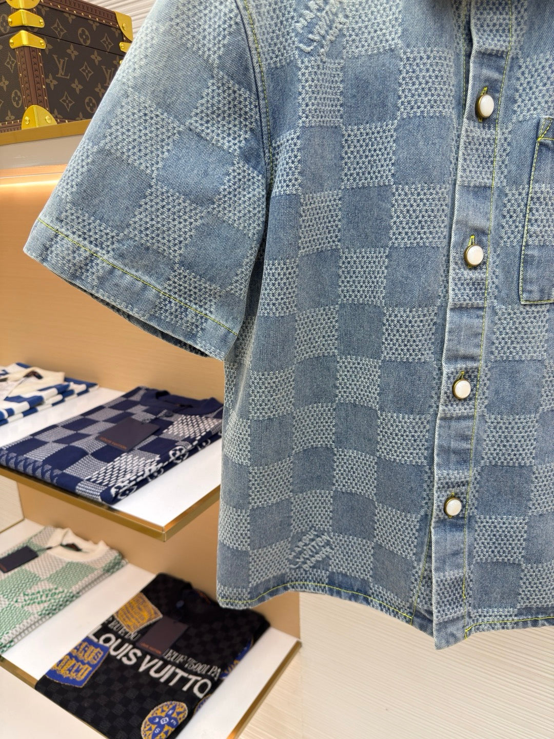 LV Damier 3D Light Denim Short-Sleeved Shirt