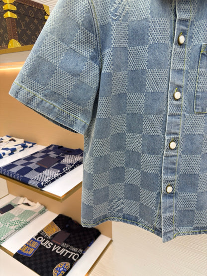 LV Damier 3D Light Denim Short-Sleeved Shirt