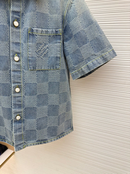 LV Damier 3D Light Denim Short-Sleeved Shirt
