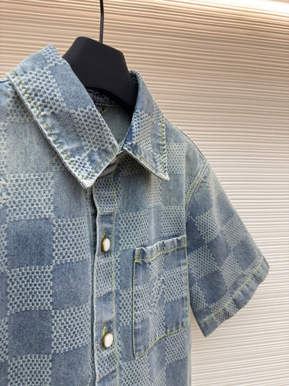 LV Damier 3D Light Denim Short-Sleeved Shirt