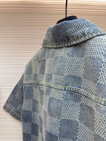 LV Damier 3D Light Denim Short-Sleeved Shirt